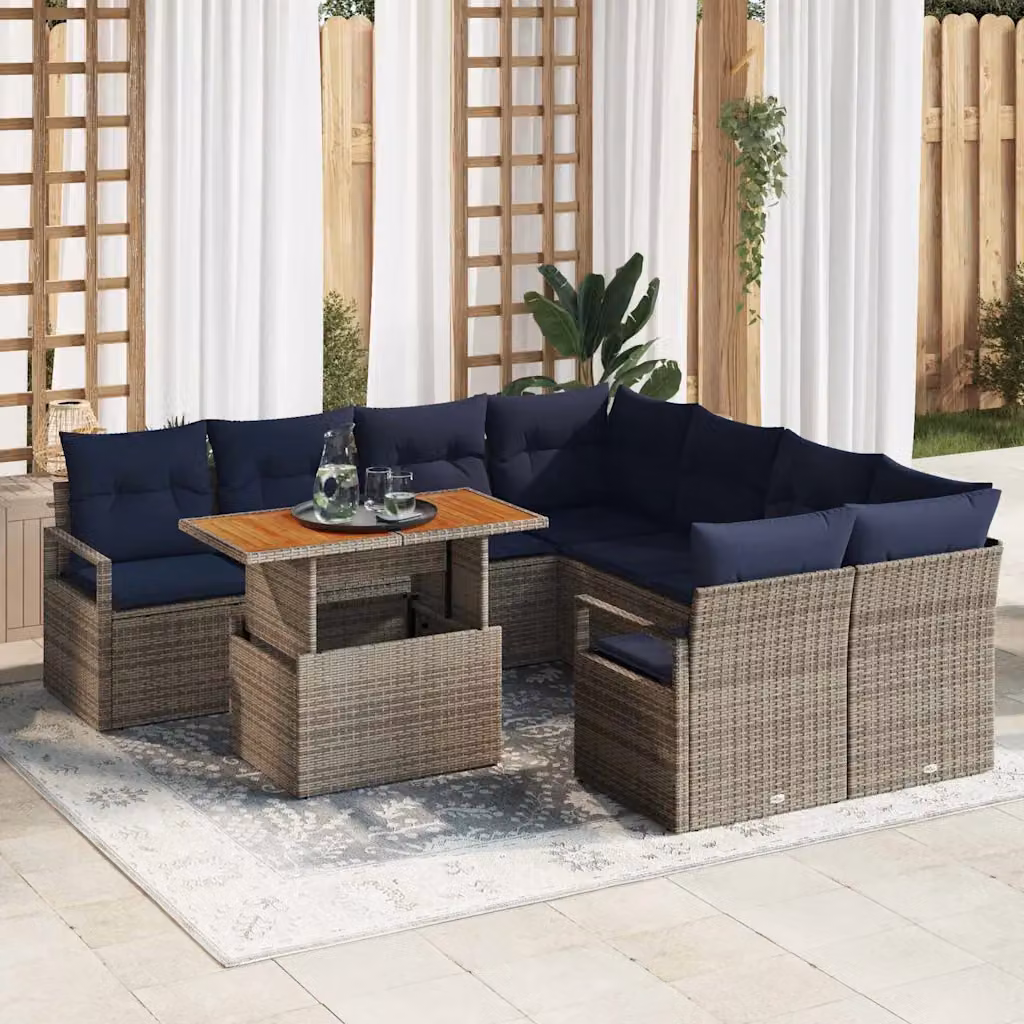 Set Divano da Giardino vidaXL 9 Pezzi in Polyrattan per 8 Persone Grigio, Blu e Marrone