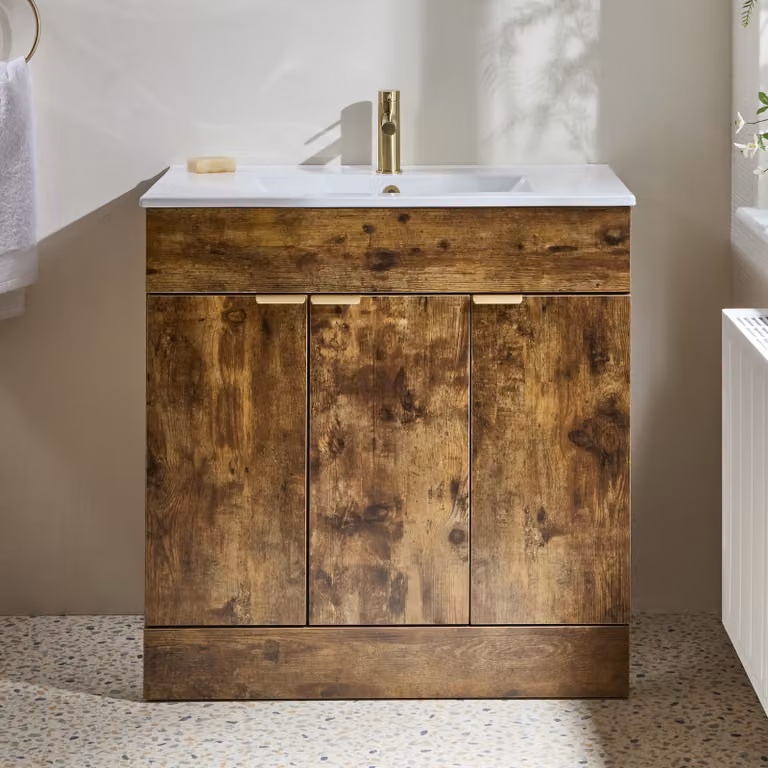 Mobile Bagno a Terra Rovere Scuro da 810mm con Lavabo e Maniglie con Impugnatura a Dito in Oro  Satinato - Cluo