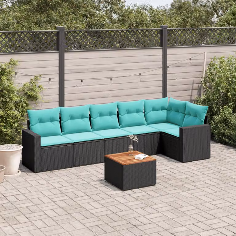 Set di divani da giardino vidaXL in 7 pezzi con cuscini in polyrattan e legno di acacia oliato colore nero