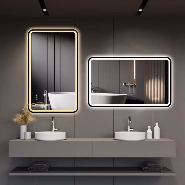Specchio da bagno REDOM rettangolare in alluminio nero con luce LED dimmerabile e funzione anti-appannamento