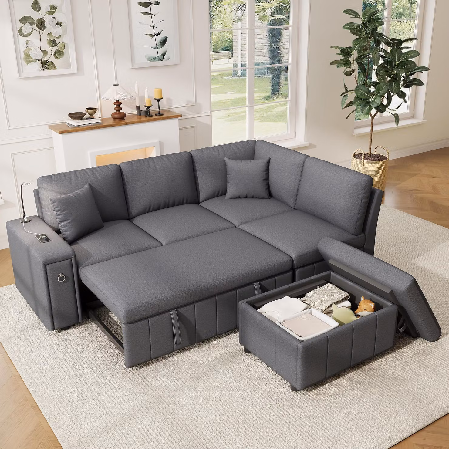 Divano modulare okwish, divano ad angolo con poggiapiedi contenitore e tavolino pieghevole. Divano letto, divano lounge con porta USB e Type-C. Divano da soggiorno con luce da lettura e 2 cuscini. Set divano, colore grigio