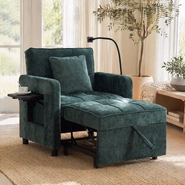 Poltrona letto 167x79 cm verde in ciniglia; schienale reclinabile