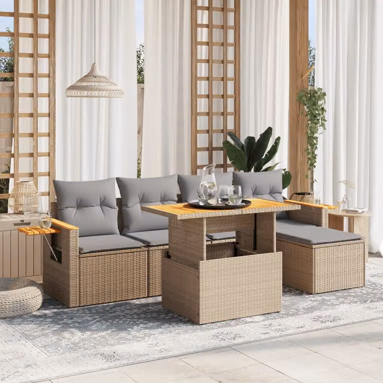 Set Divano da Giardino vidaXL 6 pz in Polyrattan Beige con Cuscini e Tavolino da Esterno