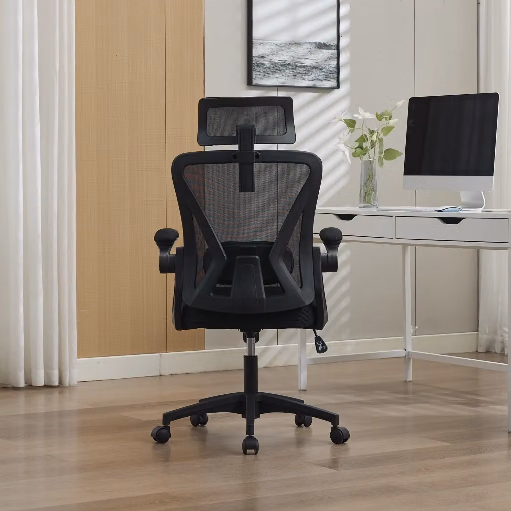 Sedia da ufficio ergonomica moderna in tessuto nero con poggiatesta e braccioli – 2