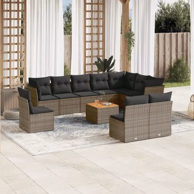 Set di Divani da Giardino a Forma di U vidaXL in Polyrattan Grigio con Cuscini e Tavolino da Esterno 11 Pezzi