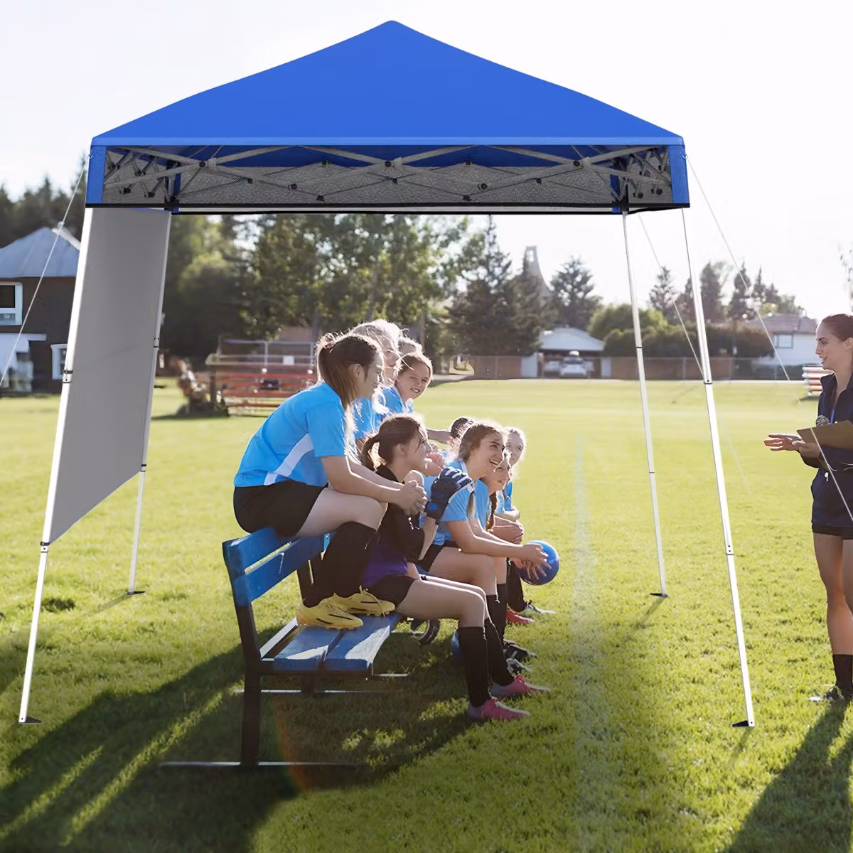 Gazebo pieghevole per esterni Costway con gambe regolabili, tenda a baldacchino pop-up Blu, L/P: 180 x 180 cm
