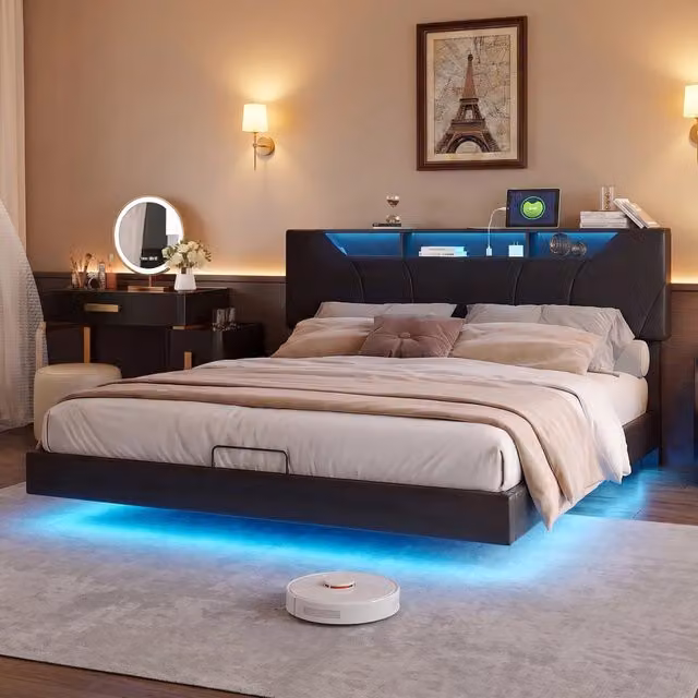 Letto Matrimoniale 140 x 200 cm;Contenitore idraulico;Effetto Visivo Levitante;Testiera regolabile con contenitore;LED e USB;PU;Nero