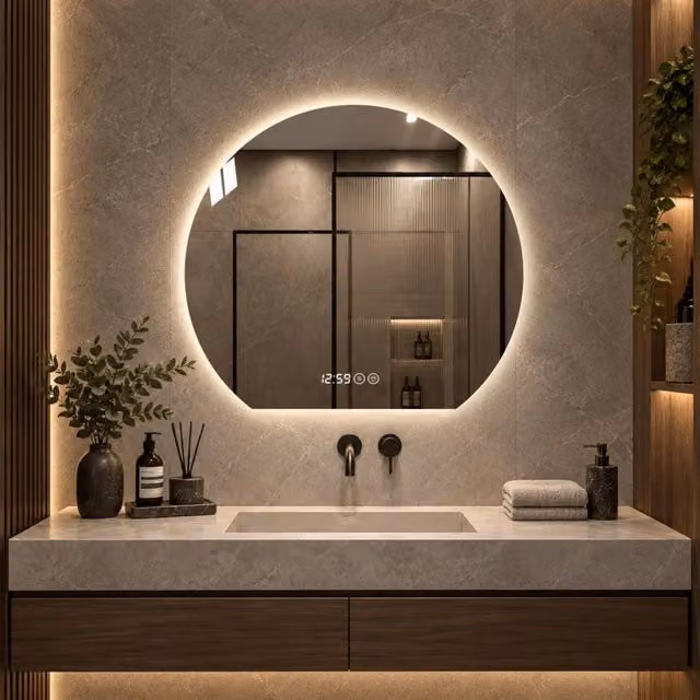 Specchio Bagno LED 80 cm Rotondo con Luce Dimmerabile 3 Colori; Display Orologio e Temperatura; Antiappannamento; Vetro Argento 5 mm