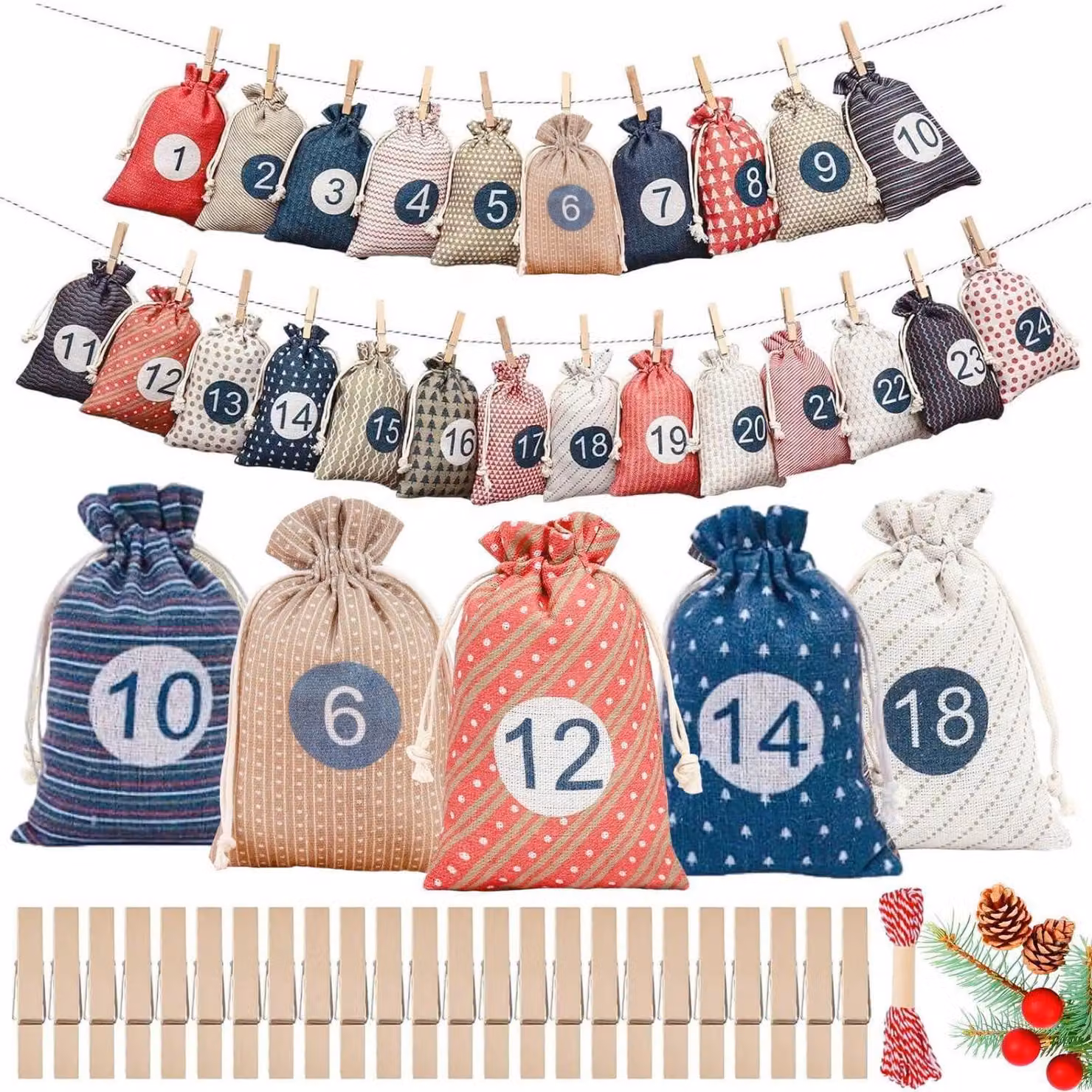 Calendario dell'Avvento da riempire personalmente, composto da 24 sacchetti di juta con numeri, dimensioni 10x15,5 cm, inclusi fermagli e nastro