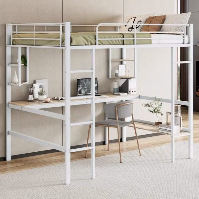 Letto a soppalco MIVRAY bianco con scrivania e 5 ripiani in metallo e MDF, L/P/H: 200 x 140 x 204 cm