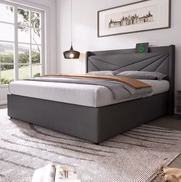 Letto matrimoniale 180x200 cm grigio, rivestimento cotone e lino vano contenitore USBC, senza materasso