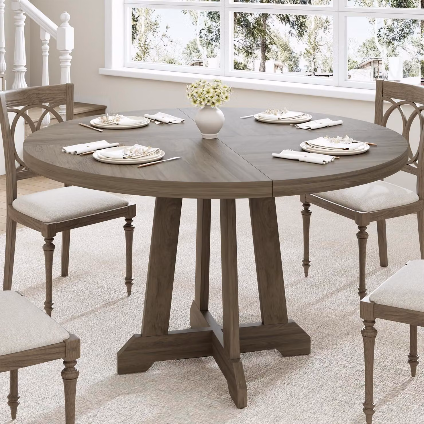 Tavolo rotondo da pranzo, diametro 120 cm, per 4-6 persone, con base in legno, colore grigio