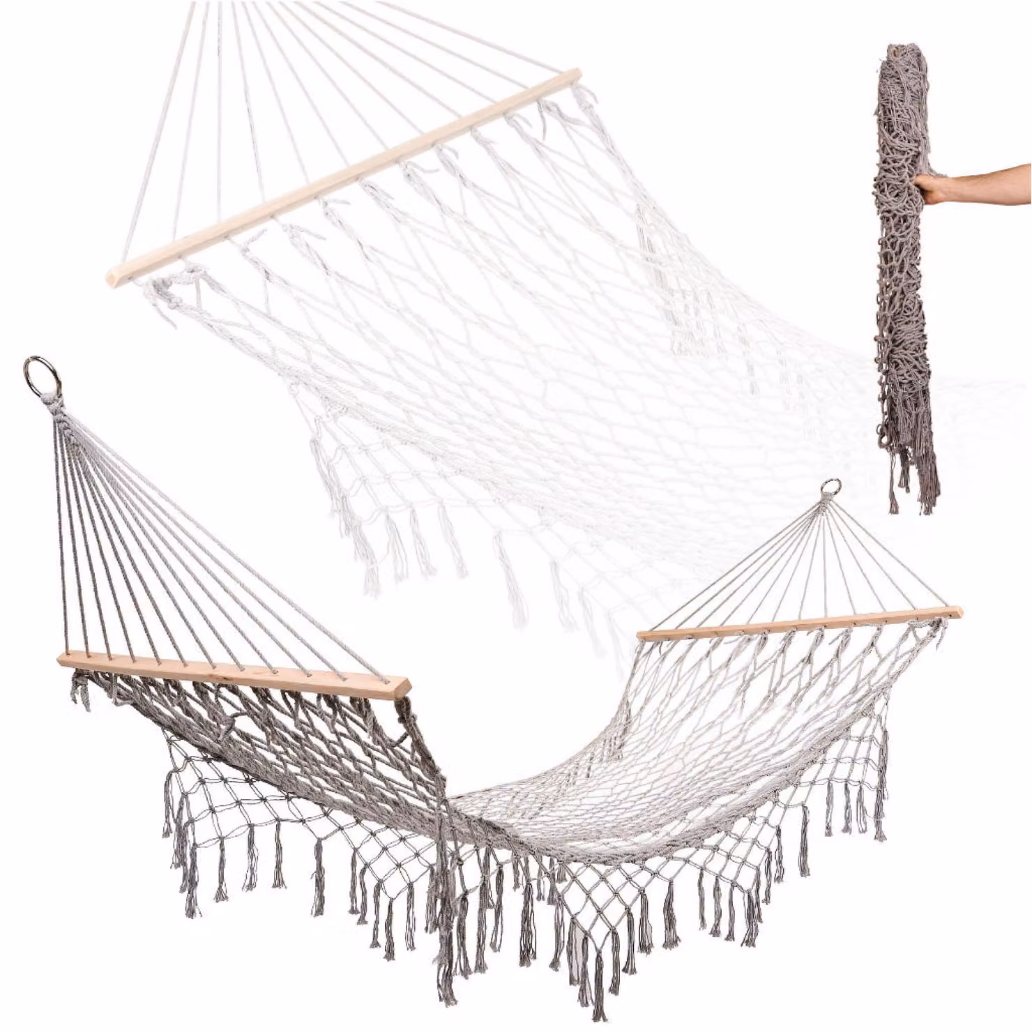 Amaca da giardino boho a rete con nappe appesa al lettino macramè 200cm Grigio