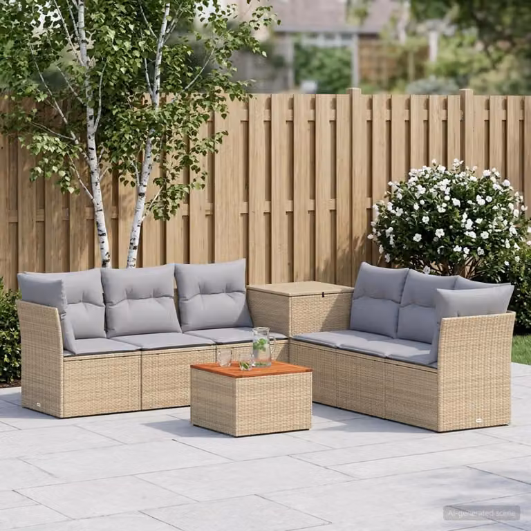 vidaXL Set di divani da giardino a forma di U in polyrattan con tavolino e cuscini, 8 pezzi, Beige e Grigio