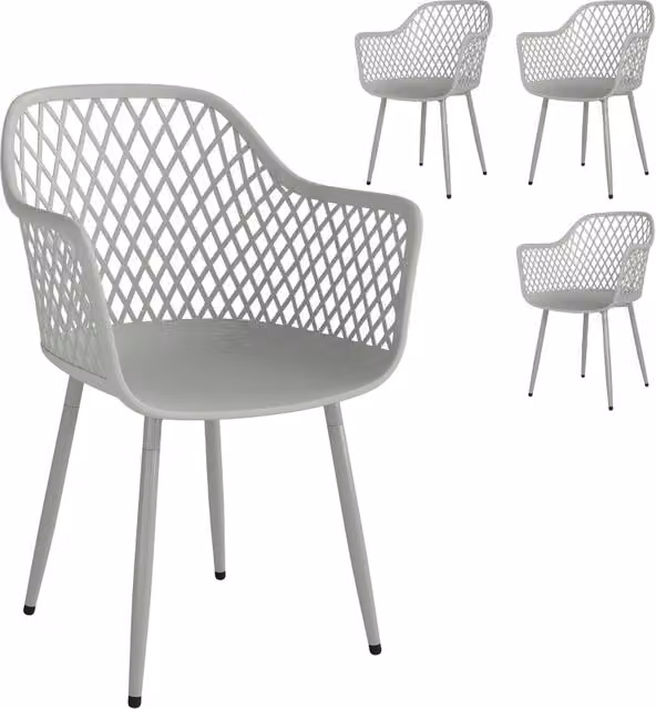 Set di 4 sedie da giardino, in plastica resistente ai raggi UV, con braccioli e schienale, 56 x 51 x 84 cm, colore grigio.