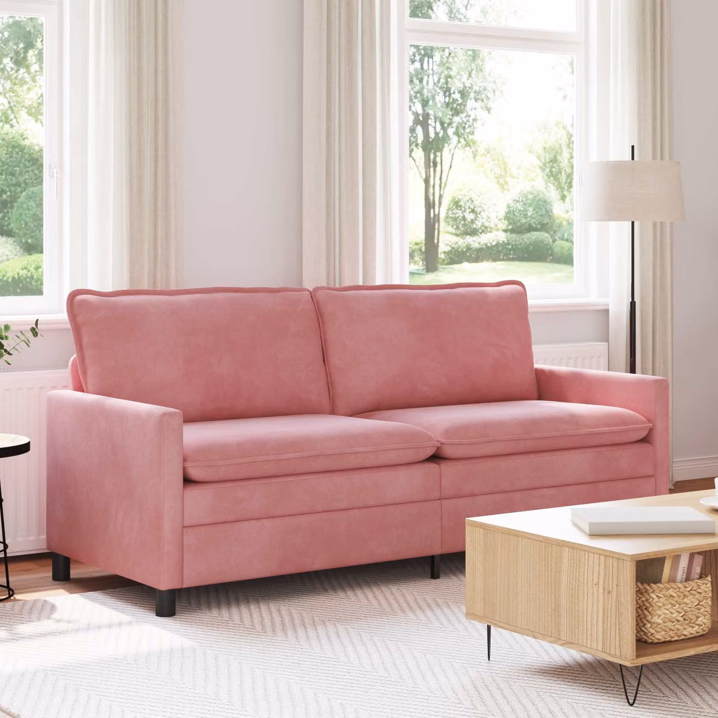 Divano moderno vidaXL in velluto rosa con struttura in metallo L: 196 cm, P: 81 cm, H: 87,5 cm