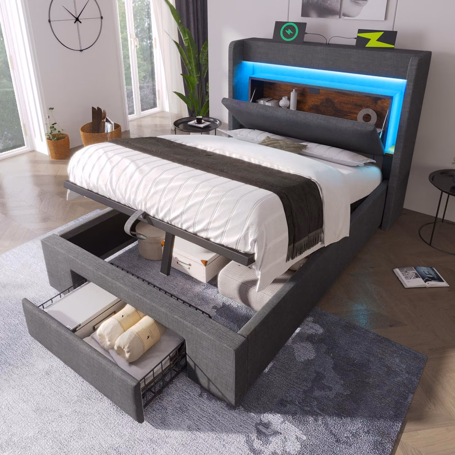 Letto imbottito 90x200 cm, grigio, rivestito in lino, con spazio contenitore a sollevamento idraulico, testiera con vano portaoggetti, prese USB e USB-C, ideale per la camera da letto