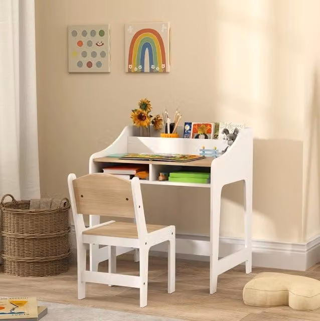 Set scrivania e sedia per bambini in legno con vani