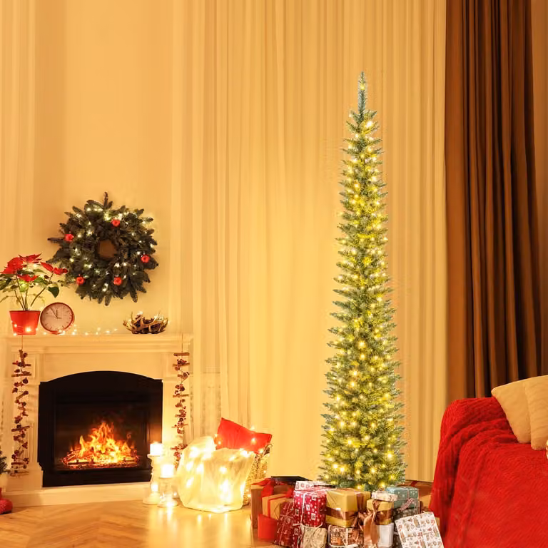 Albero di Natale artificiale slim Costway verde in PVC con luci LED bianco caldo, Altezza: 210 cm