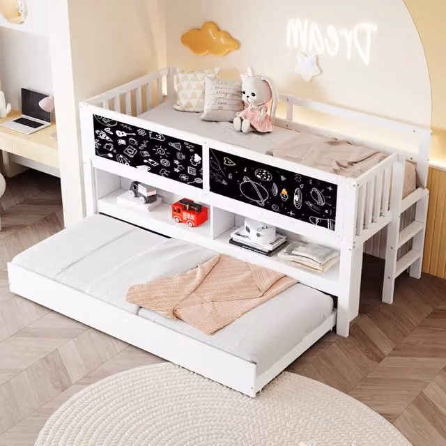 Letto per bambini a casetta ¨C Minimal ¨C 90x200 cm, bianco, legno massello di pino, con scaletta e lavagna