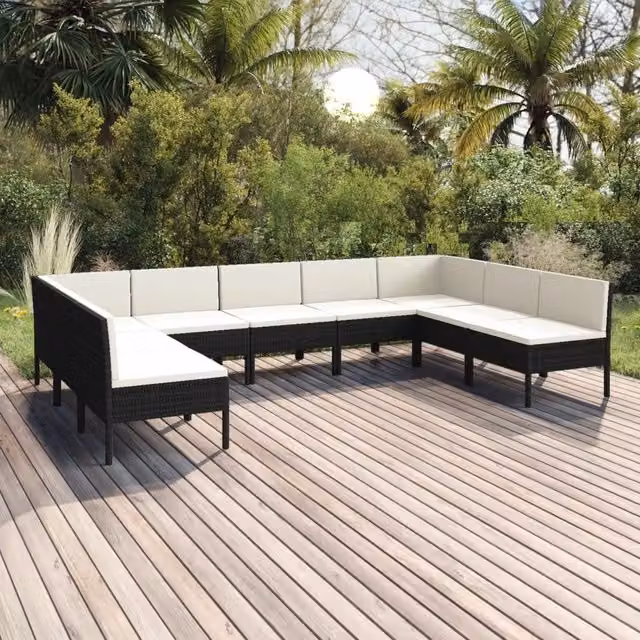 Set di divani da giardino vidaXL a forma di U composto da 9 pezzi con cuscini bianchi e struttura in metallo nero