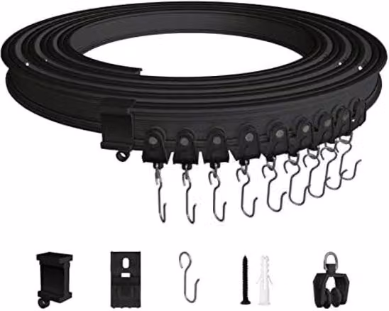 Set di corda flessibile curva rivestita in plastica nera per tende, lunghezza 5 metri con kit di montaggio completo
