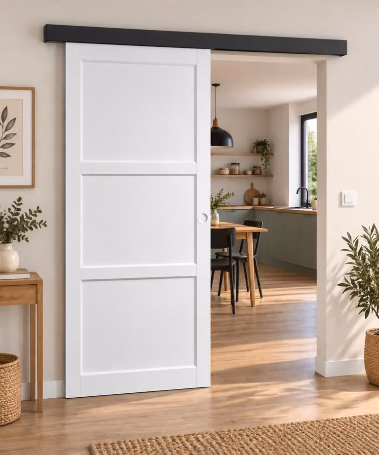 Porta scorrevole Korya bianca 3 ante H204 x L83 cm, binario in alluminio con fascia nera, conchiglie bianche Gd Menuserie