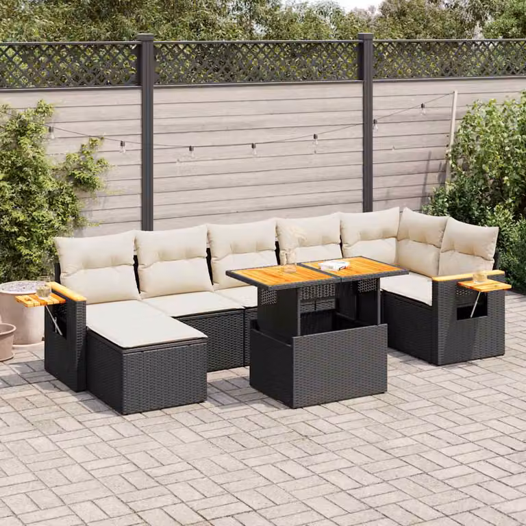 Set di divani da giardino vidaXL in polyrattan nero con cuscini e tavolino da esterno, composizione a L con struttura in legno di acacia e 8 pezzi