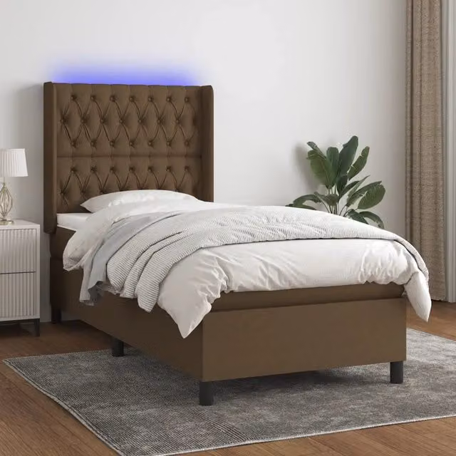 Letto a molla con testiera in tessuto e illuminazione LED con porta USB vidaXL, marrone, L 90 x P 200 x H 128 cm – 1