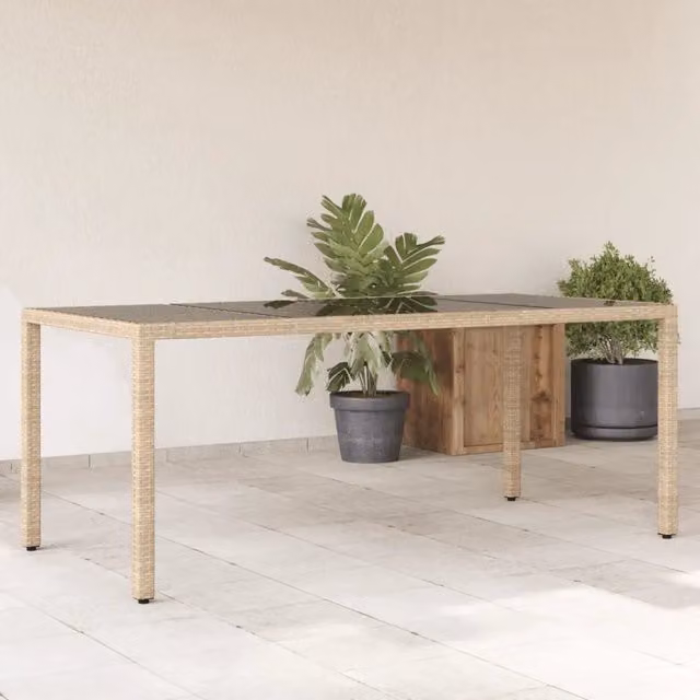 Tavolo da Giardino Piano in Vetro Beige 190x90x75 cm Polyrattan 365539