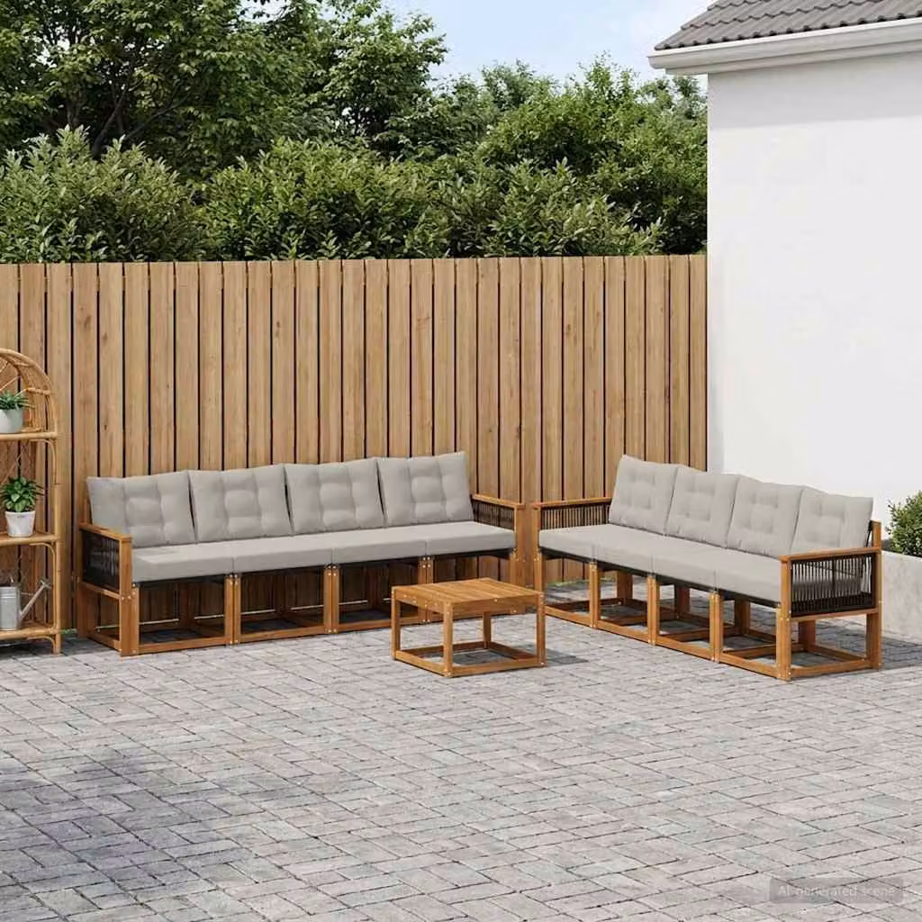 Set di divani da esterno vidaXL 9 pezzi in legno di acacia con tavolino e cuscini, forma a L, beige e grigio