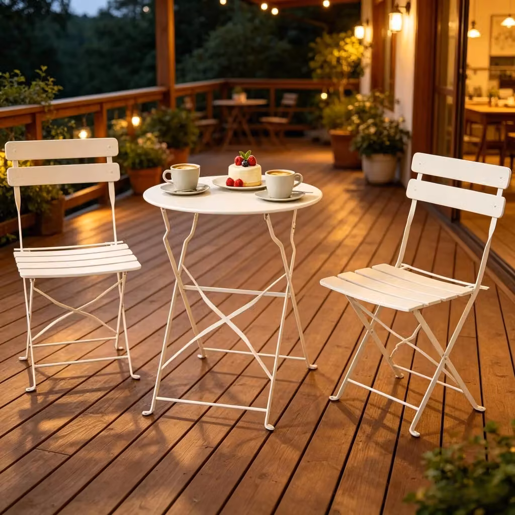 Set bistro da giardino OKWISH pieghevole con tavolo rotondo e 2 sedie in metallo beige per balcone e terrazzo – 2