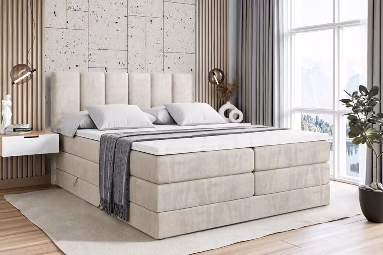 Letto boxspring ALTDECOR con 2 materassi e topper - 180x200 cm - BOXI1 KING - Velluto color crema - Letto imbottito con materassi H3 e H4, contenitore e rete a doghe, letto con spazio contenitivo
