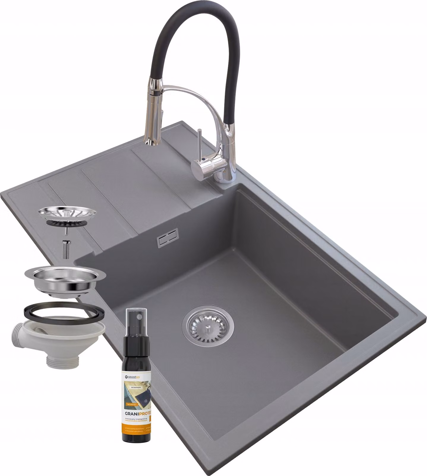 Granitan - Lavello in granito - Lavello da cucina - 80x50 cm - Grigio - con rubinetteria NEXO e scolapiatti - LOUIS