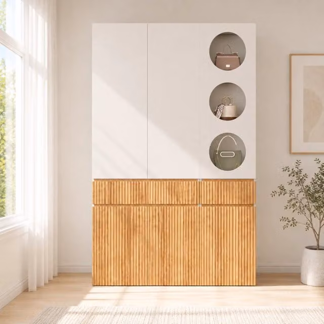 Armadio alto 135 x 50 x 200 cm; 6 ante a battente; 1 asta appendiabiti; 2 cassetti; contenitore moderno; rovere chiaro