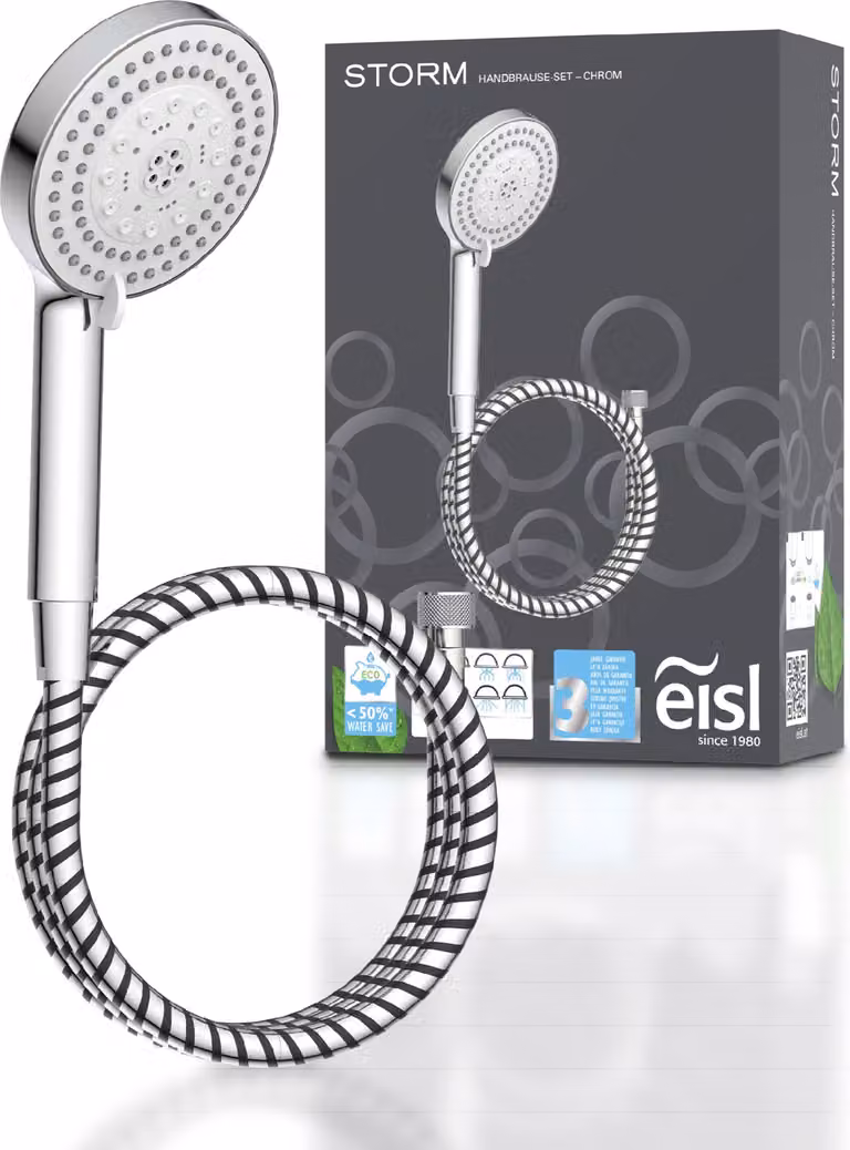 Set doccia a mano eisl STORM con 7 tipi di getto, soffione con funzione di blocco dell'acqua, soffione cromato