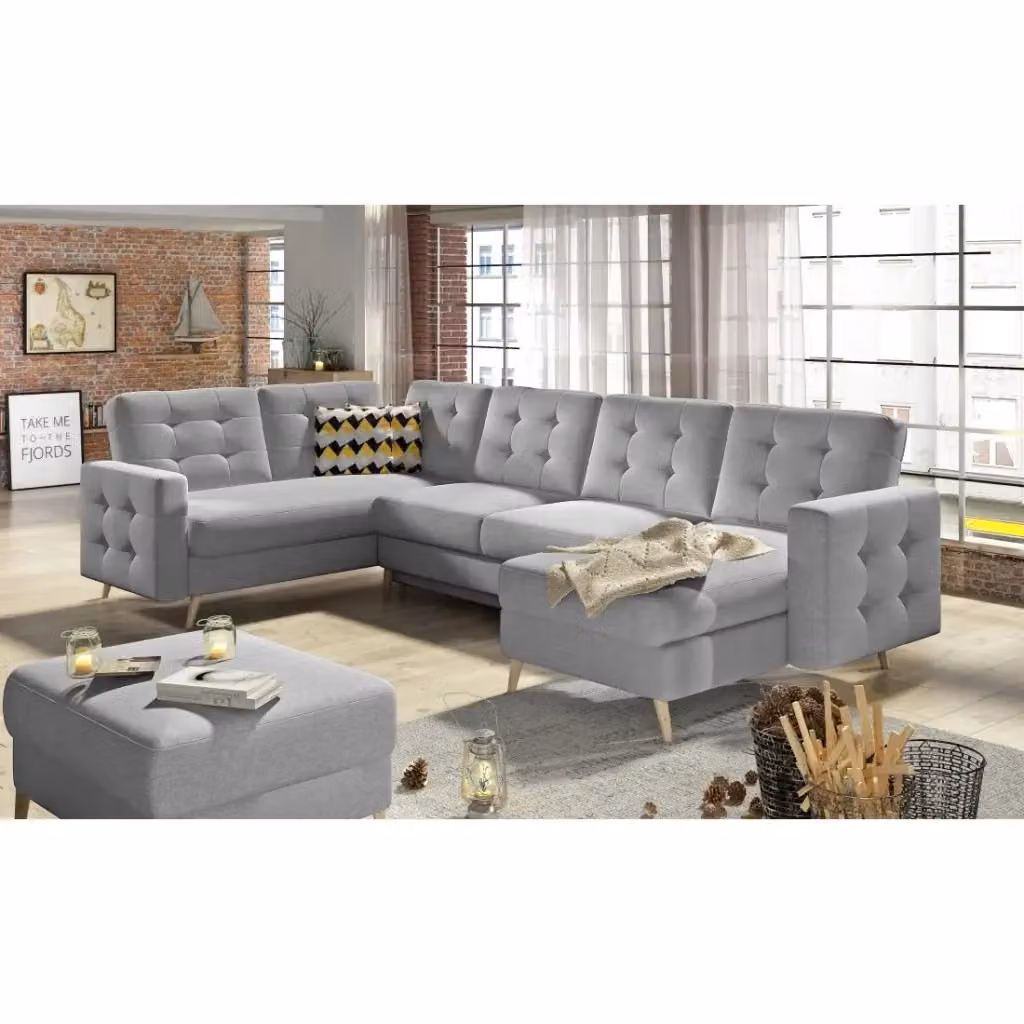 Divano angolare panoramico reversibile MEUBLORAMA in velluto grigio con funzione letto e contenitore L/P/H: 326 x 169 x 93 cm – 2