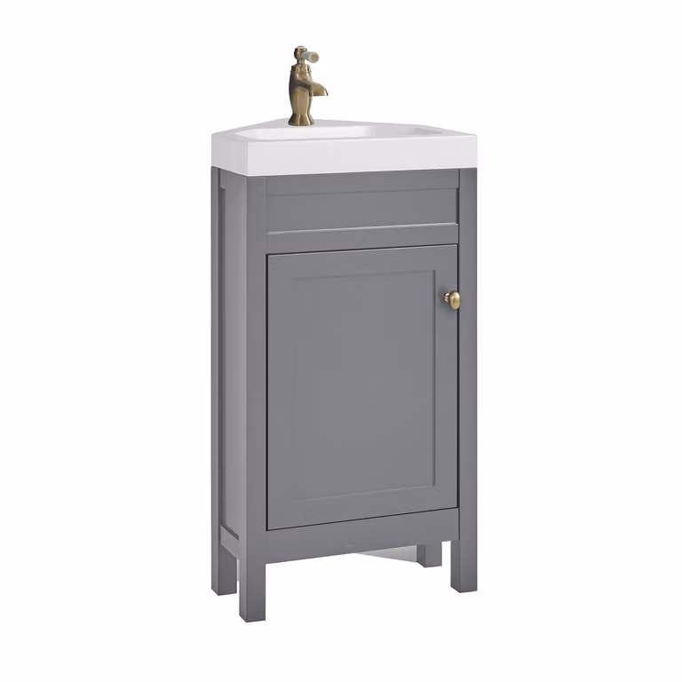 Mobile Bagno Angolare Grigio Chiaro da 450mm con Lavabo e Maniglia Classica Rotonda in Oro Satinato - Warwick
