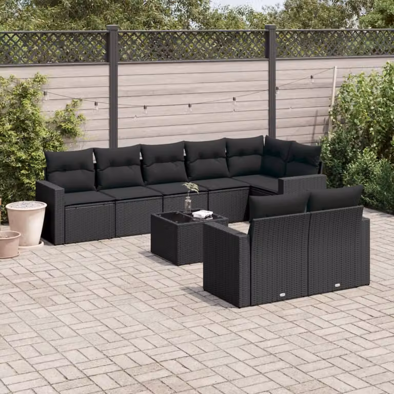 vidaXL Set Divani da Giardino 9 pz in Polyrattan Nero con Cuscini e Tavolino da Esterno