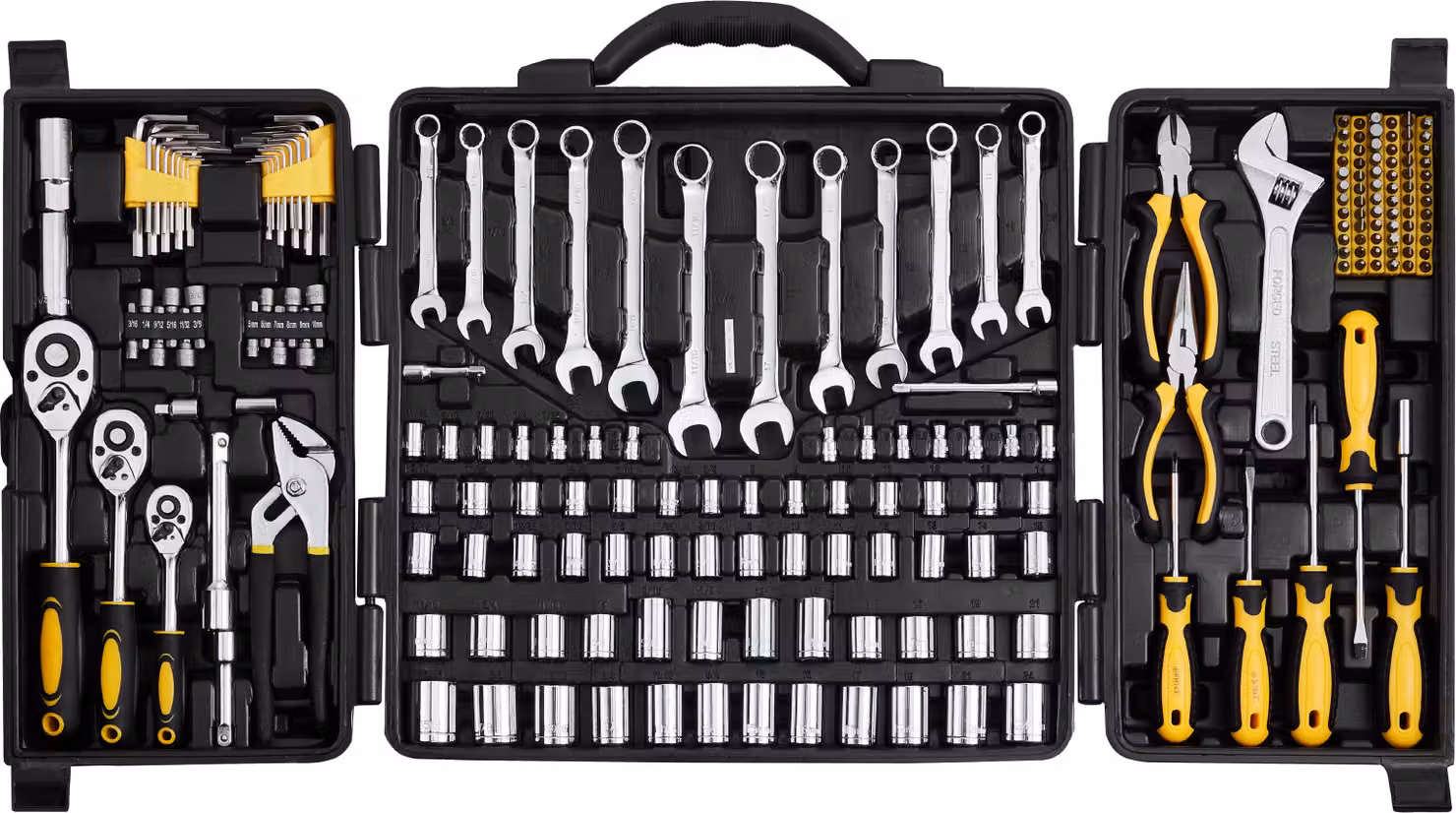 Set di utensili SucceBuy per meccanici, 207 pezzi, con chiavi a bussola da 1/4", 3/8" e 1/2", specifiche SAE e metriche