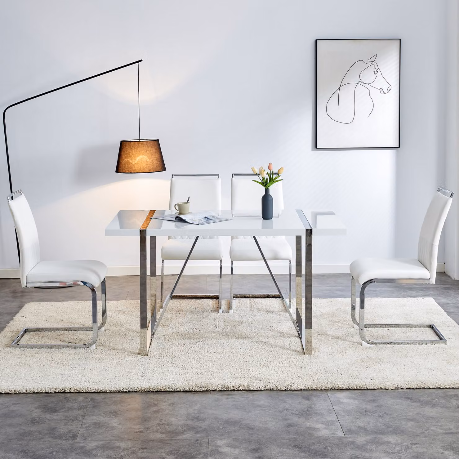 Sedie per sala da pranzo Flieks, set di 2 sedie imbottite, sedia da ufficio a sbalzo con schienale, sedia da cucina con rivestimento in ecopelle, bianco