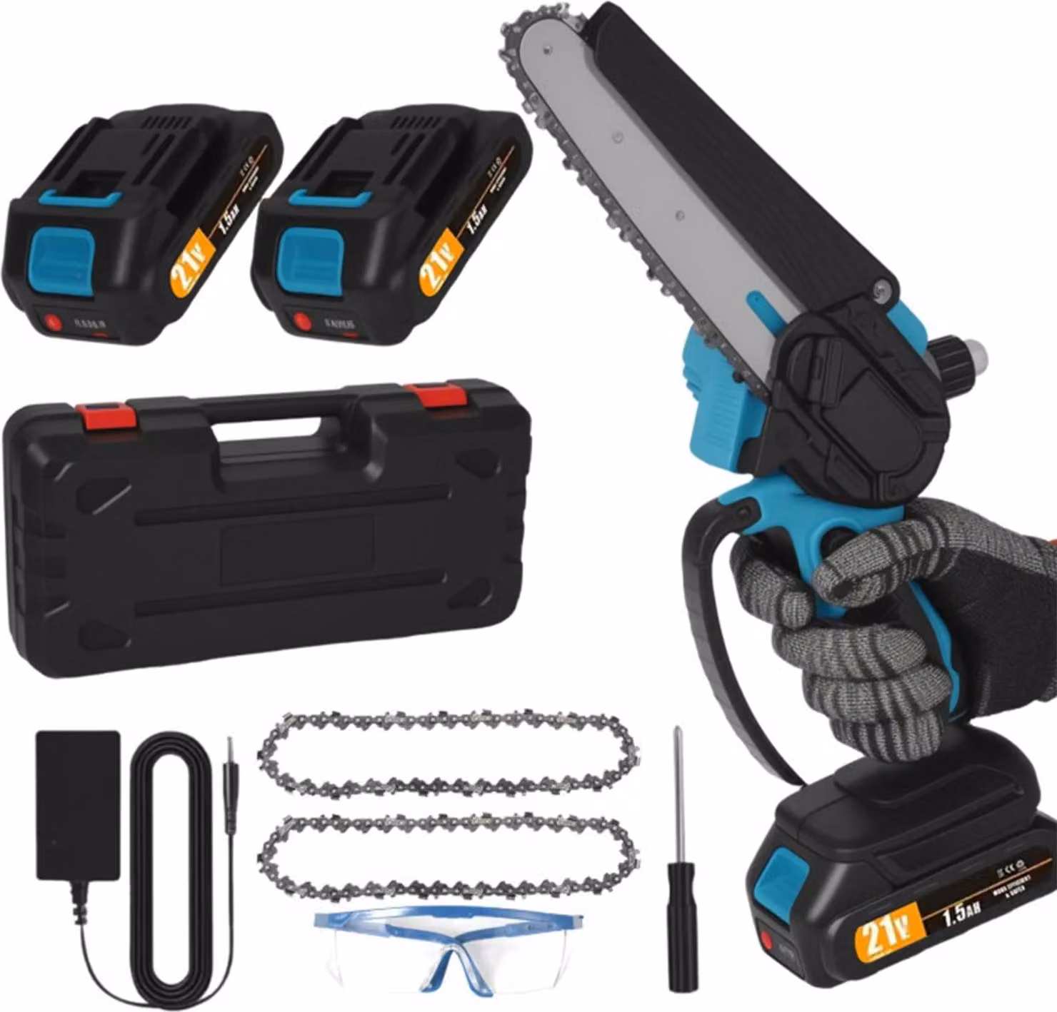 Motosega elettrica, lama da 15 cm, motore potente, 2 batterie