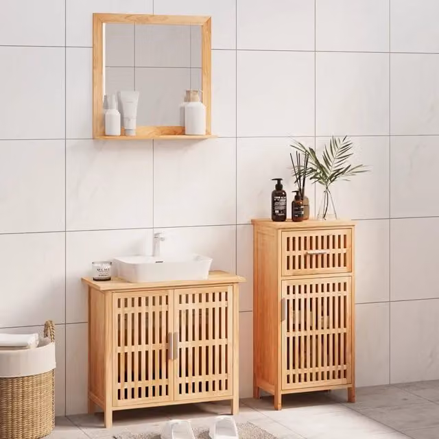 Set di mobili da bagno vidaXL in legno di noce oliato marrone composto da mobile lavabo e colonna alta