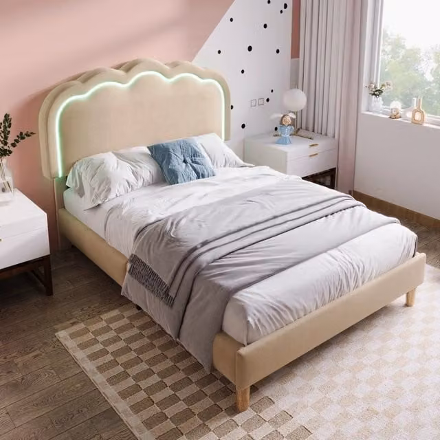 Letto imbottito KOMHTOM in lino beige per adulti L/P: 90 x 200 cm
