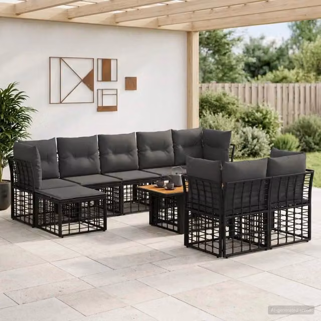 Set Divano da Giardino 10 pz Nero e Grigio scuro polyrattan 3437909
