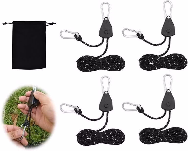 Set di 4 cinghie per tende regolabili con sistema di tensionamento, 4 metri di corda elastica con gancio, cordini riflettenti per tende con custodia