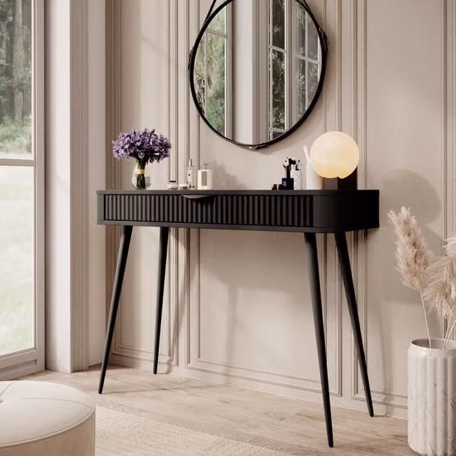 Toeletta da Trucco Katerara DMORA con un Cassetto, Colore Nero, L: 100 cm, P: 38 cm, H: 78 cm – 1