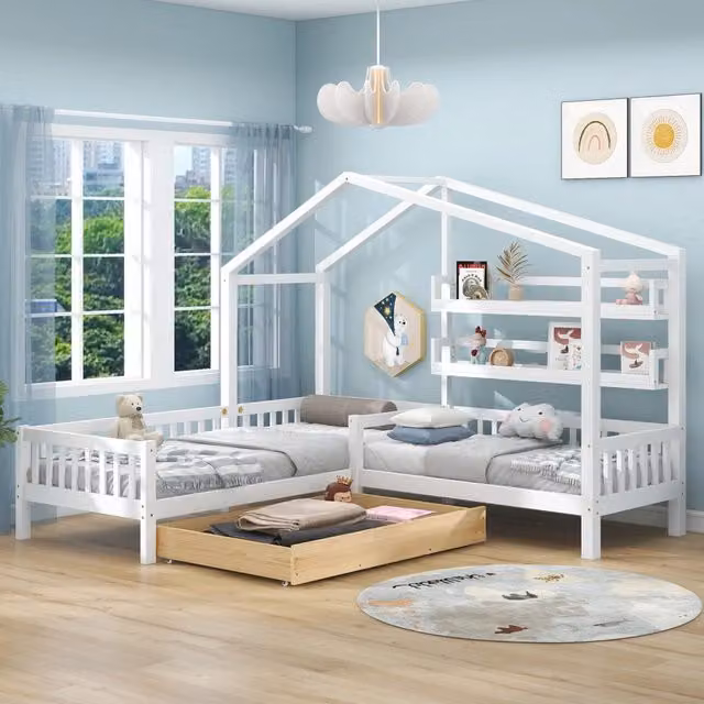 Letto a casetta per bambini con cassetti e scaffali, legno massello con recinzione e doghe, struttura a L - Bianco 90x200 cm + 140x70 cm