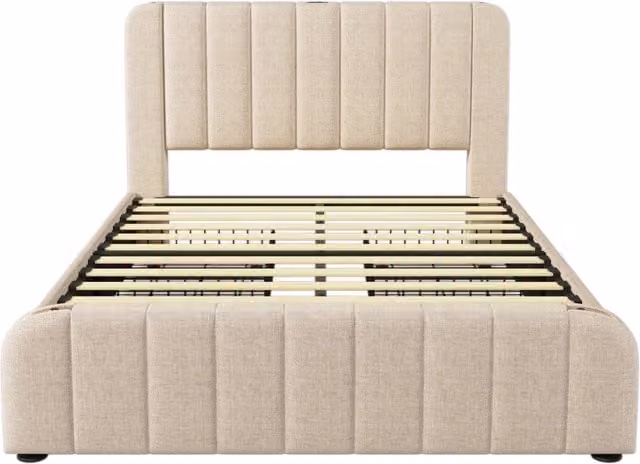 Letto contenitore matrimoniale beige con 4 cassetti, testiera imbottita e porta USB Type-C, L/P/H: 160 x 200 x 101 cm