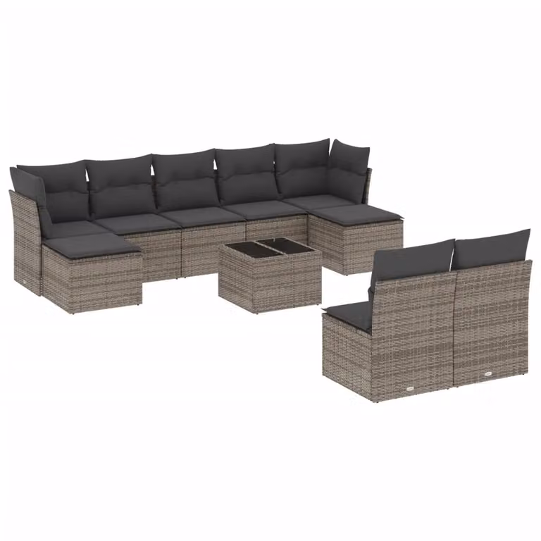 Set Divano da Giardino 10 pz con Cuscini Grigio in Polyrattan